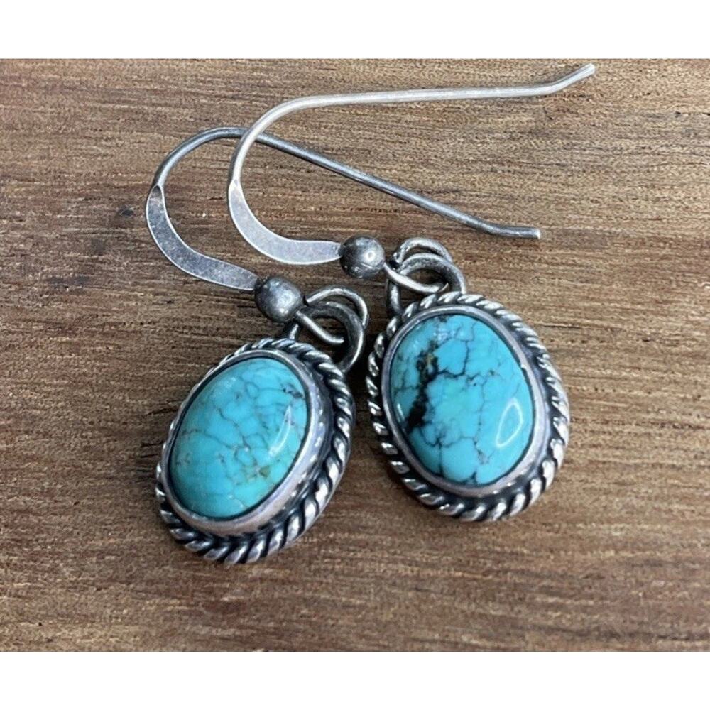 Vintage Navajo ALV D Vandever Sterling Silver Turquoise Dangle Drop Earrings